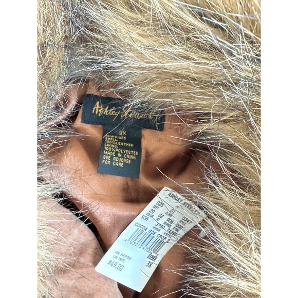Vintage Ashley Stewart cocoa brown leather jacket collar fur size 3X NEW - Picture 2 of 7